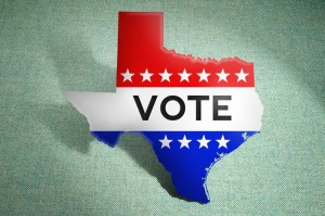 outline of state of Texas with the word "vote"