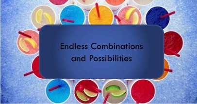 An image of many beverages with different colored liquids inside. A blue box with the text "Endless Combincation and Possibilities" hovers above the image