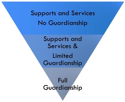 An upsidedown pyramid with three levels. The top level is "Supports and Services / No Guardianship," the middle level is "Supports and Service & Limited Guardianship," the bottom is "Full Guardianship".