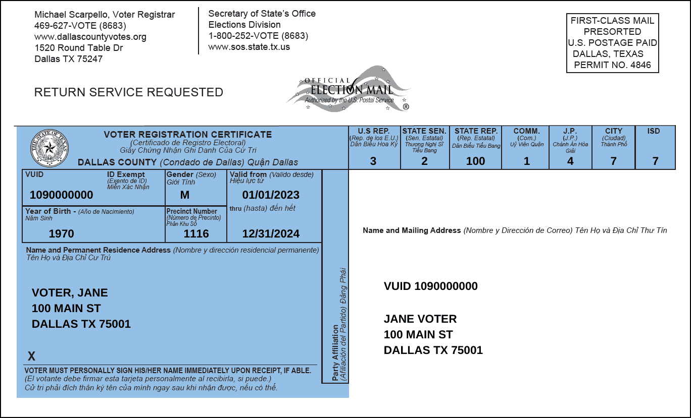 A sample voter registration card for Dallas County.