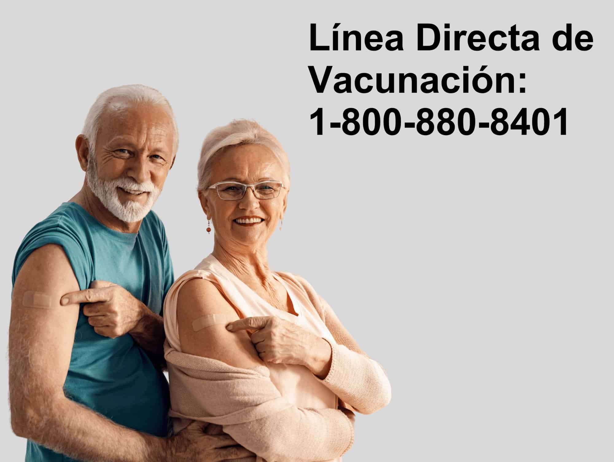 Parejas ancianas mostrando vacunas en los brazos, el texto dice Línea Directa de Vacunas: 1-800-880-8401