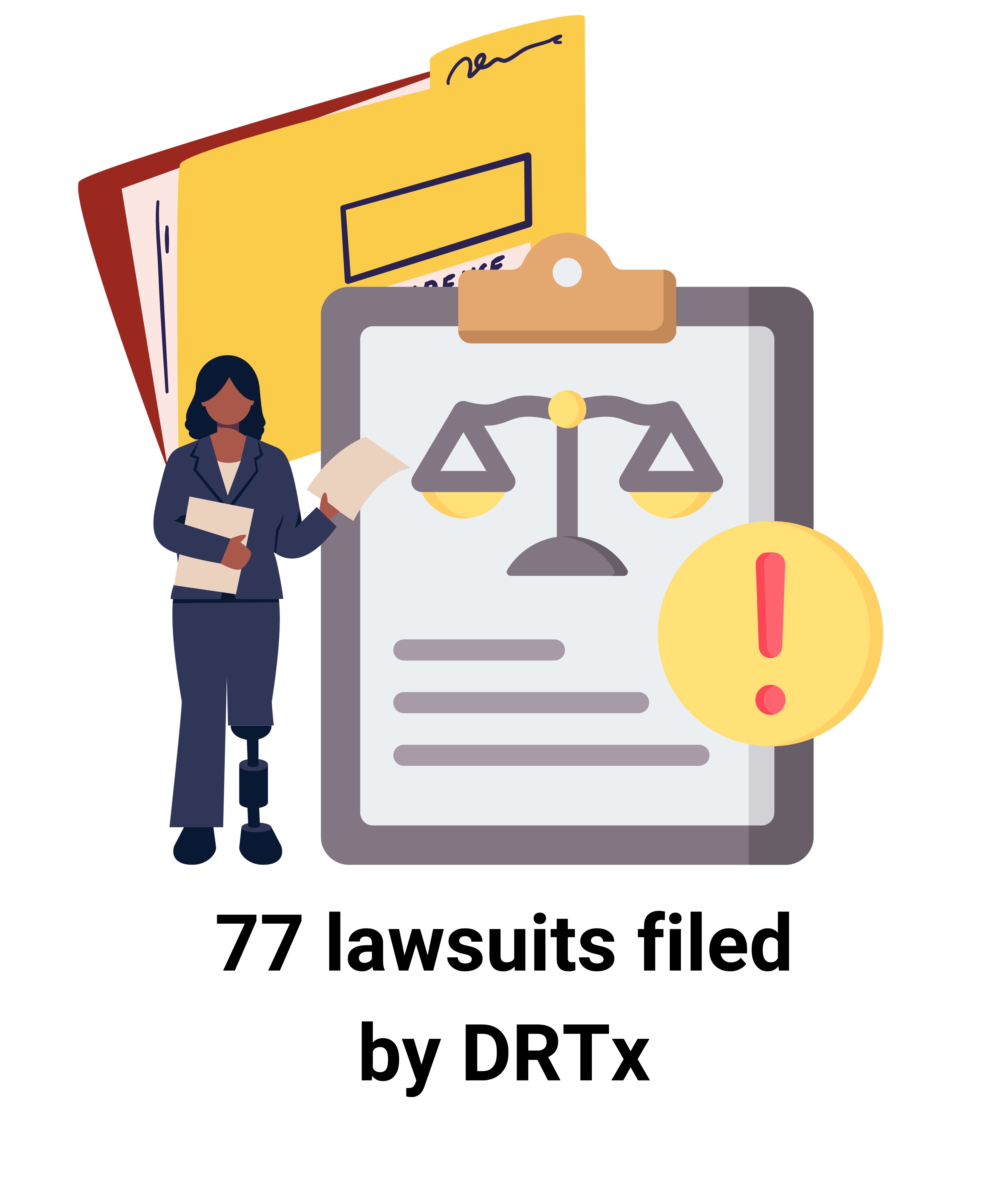 A person with a prosthetic leg wearing a suit and holding a file folder. 77 lawsuits filed by DRTx.