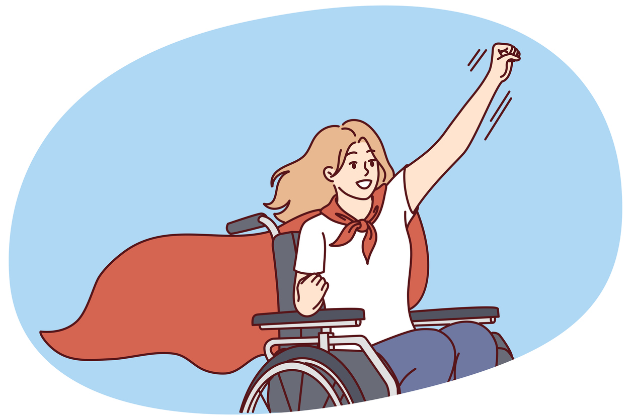 An illustration of a white woman in a wheelchair wearing a cape with her fist in the air.