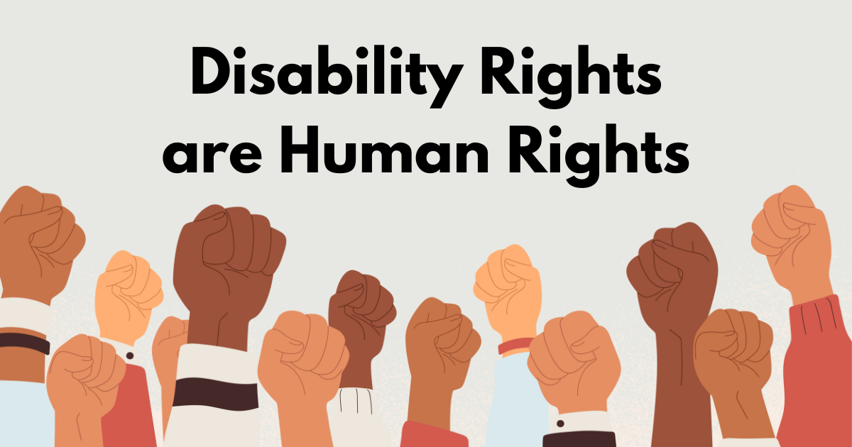 Different colored fists raised in the air. Disability rights are human rights.