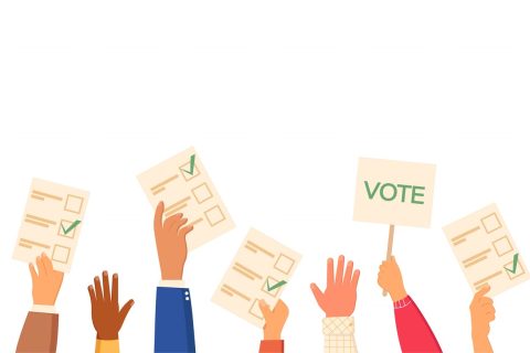 An illustration of various hands in the air, holding ballots or a voting sign.