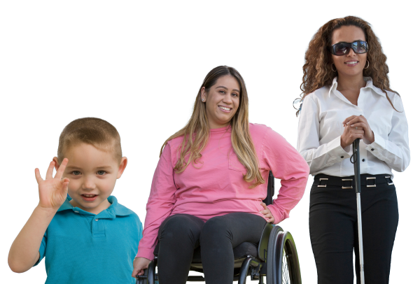 A boy using sign language, a woman in a wheelchair, and a blind woman standing with a cane.