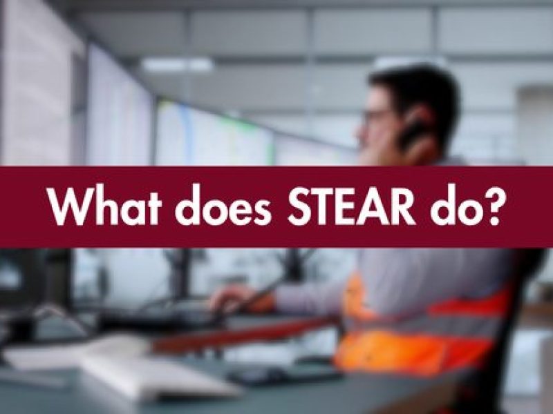 A man in an emergency response center is on the phone looking at multiple computer screens. What does stear do?